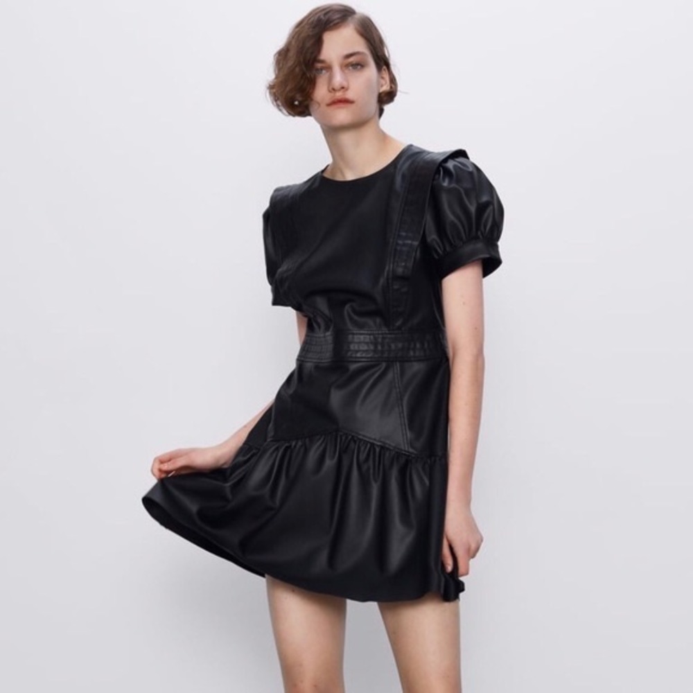ZARA BLACK FAUX LEATHER PUFF SLEEVE DRESS RUFFLE